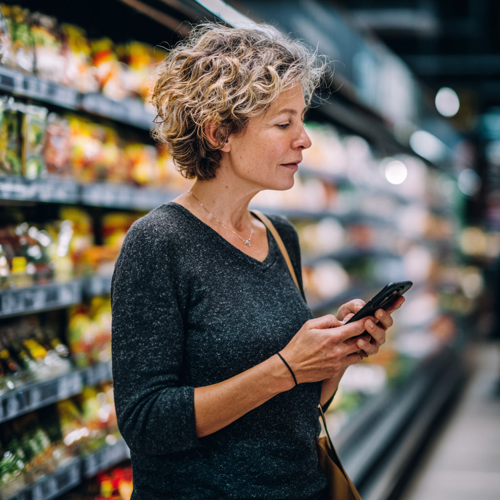Жінка 52 роки обирає продукти в супермаркеті, користуючись списком покупок з додатку mestivorn на смартфоні