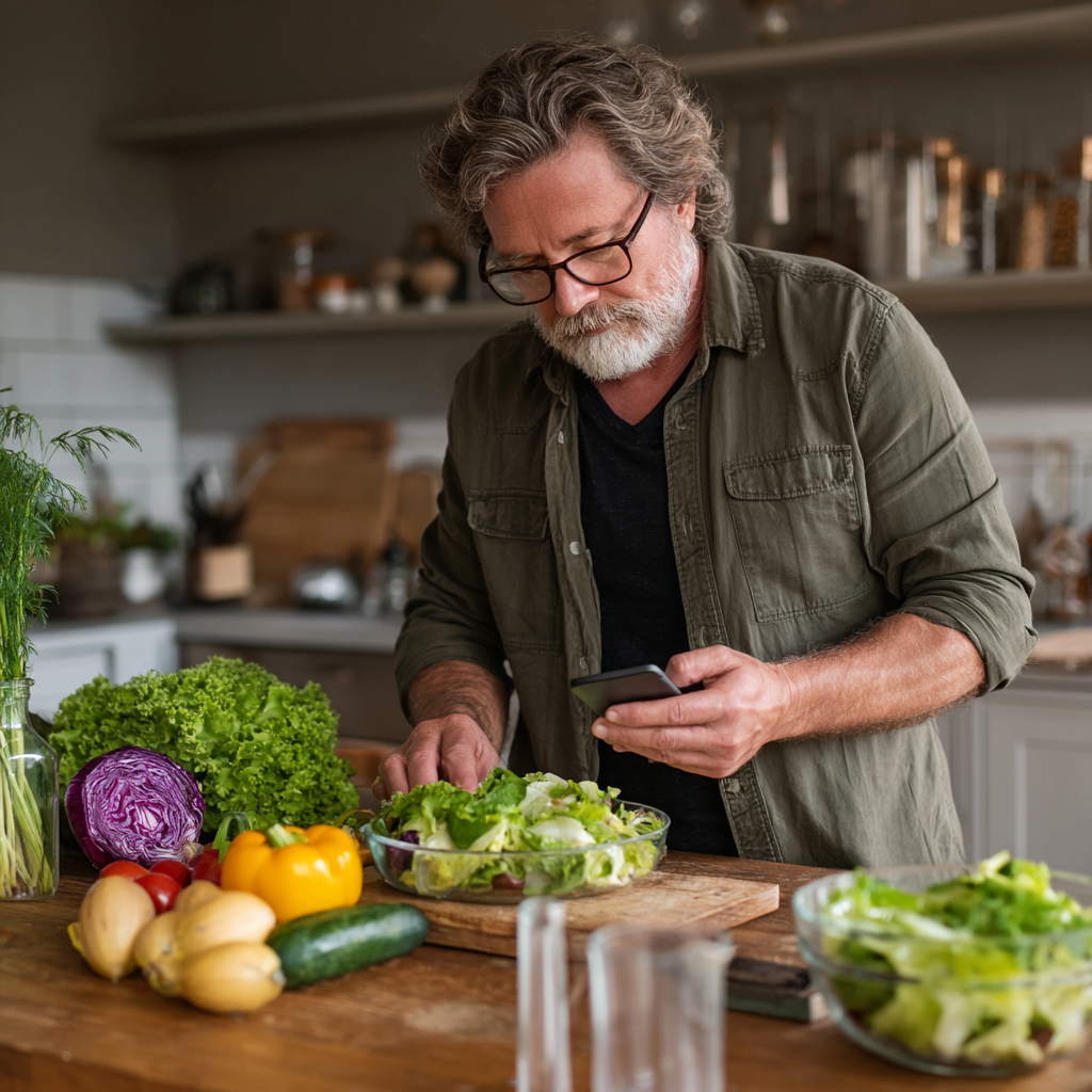 Чоловік 58 років готує салат за рецептом з мобільного додатку mestivorn, на столі свіжі інгредієнти та мірні склянки