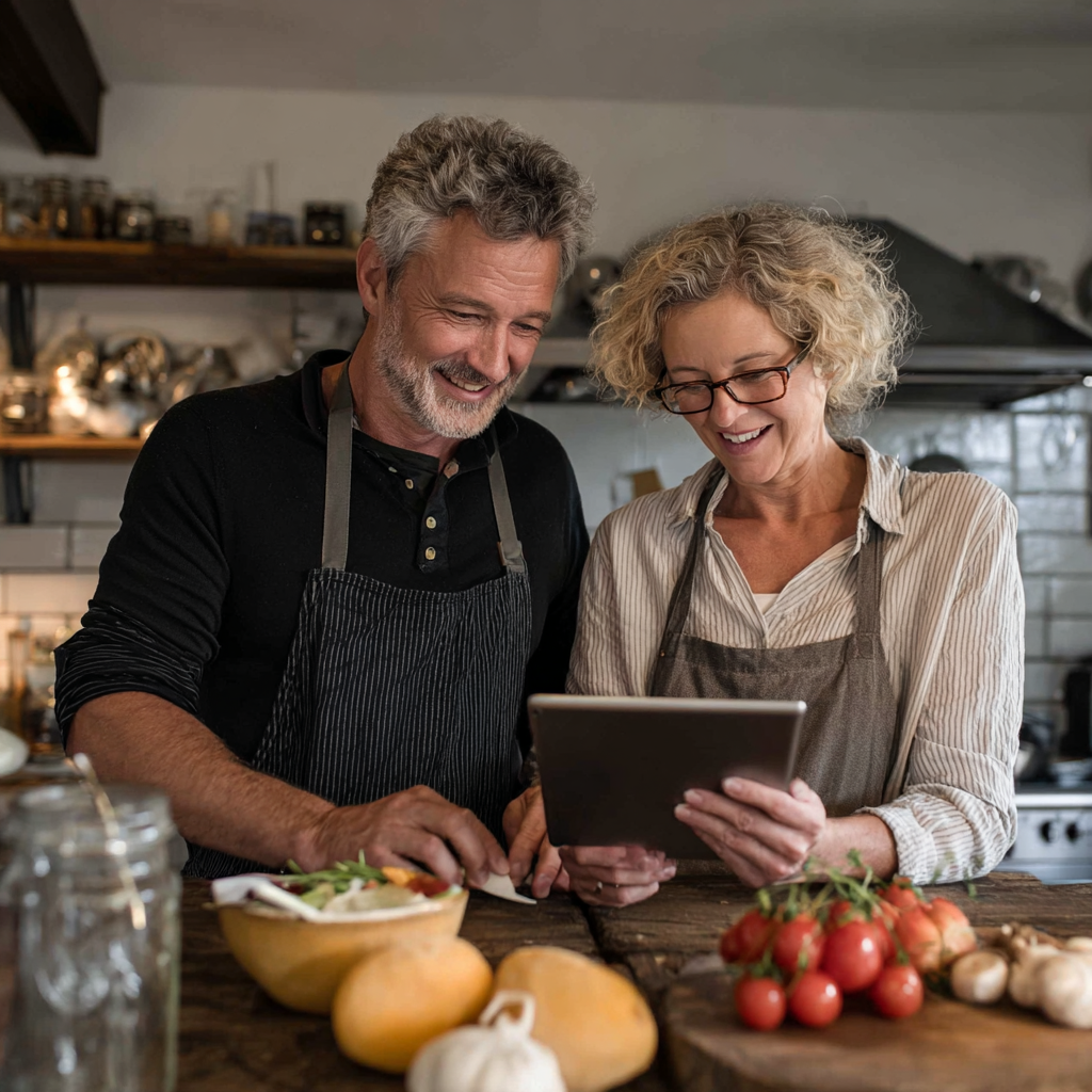 Подружжя 55 років разом готує здорову їжу на кухні, дивлячись рецепт у планшеті з логотипом mestivorn